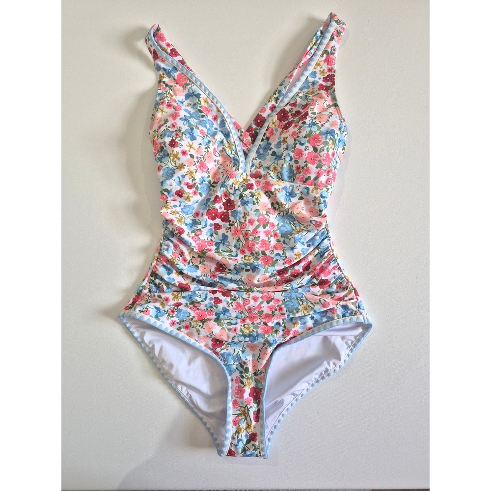 B2PRITY Floral One Piece Swimsuit Ruched Tummy Control V-Neck Multicolor M